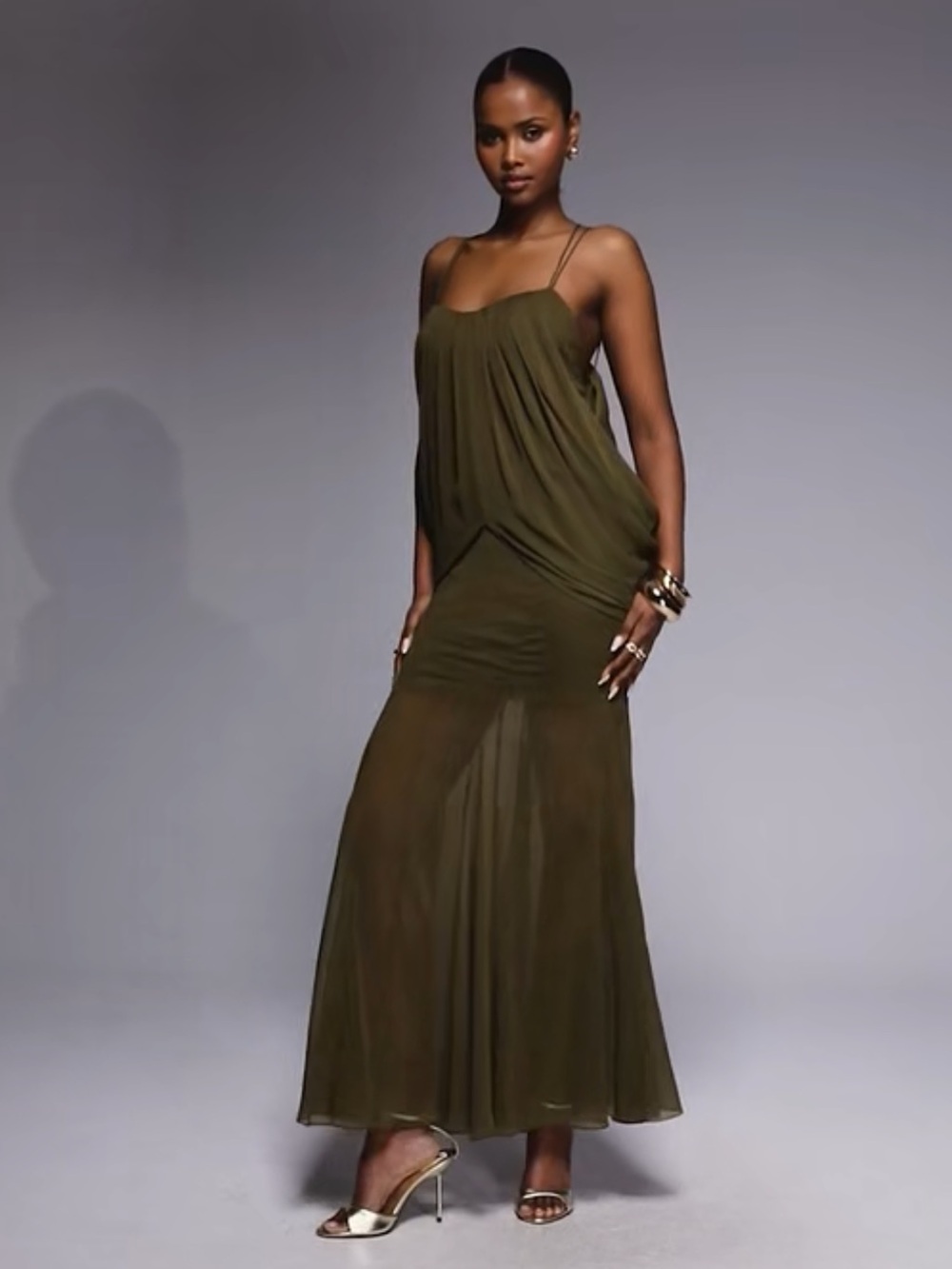 ASOS Olive Green Sheer Draped Maxi Dress